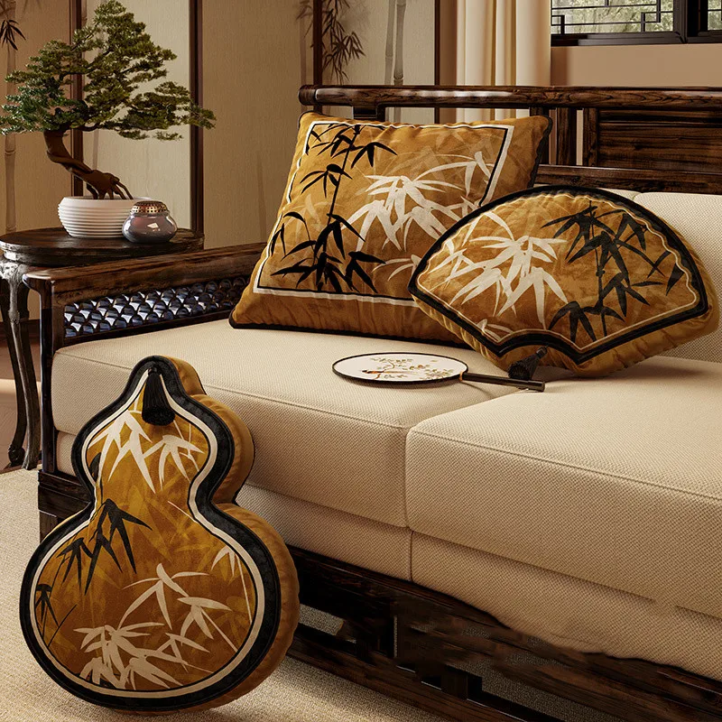 New Chinese Style Cushion Cover Soft Velvet Pillowcase Shell Golden Bamboo Print Asia Wabi Sabi Vintage French Home Decoration