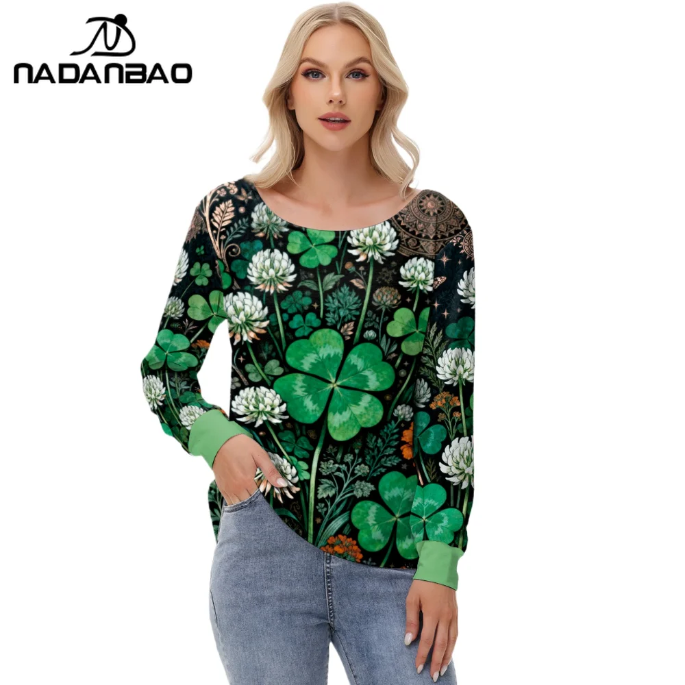 

NADANBAO Women's St. Patrick's Day Long Sleeve T-shirts Clover Print Crew Neck Party Blouse Casual Irish Festival Shamrock Shirt