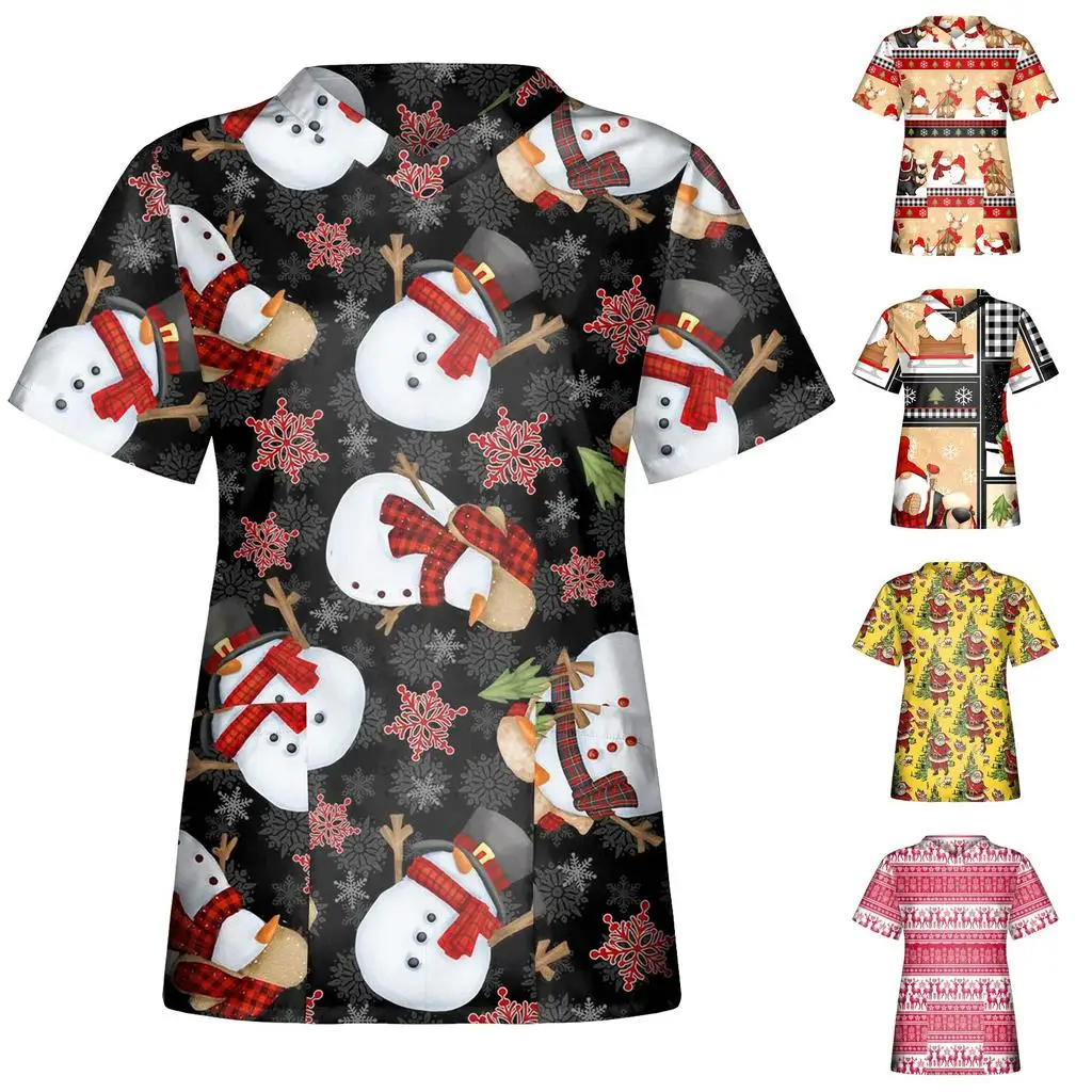 Women's work uniforms Christmas snowman print cartoon V-neck tops ladies shirts nurse work clothes medical uniforms