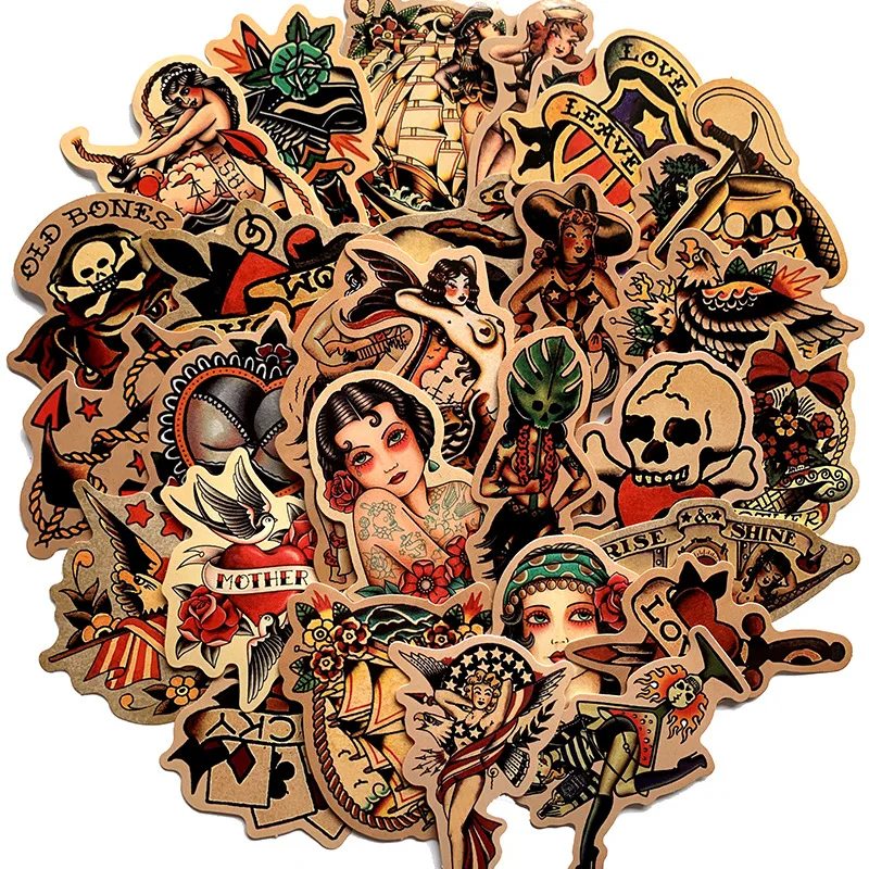 100pcs Retro old school tattoo style sticker refrigerator skateboard trolley case decals backpack waterproof PVC sticker