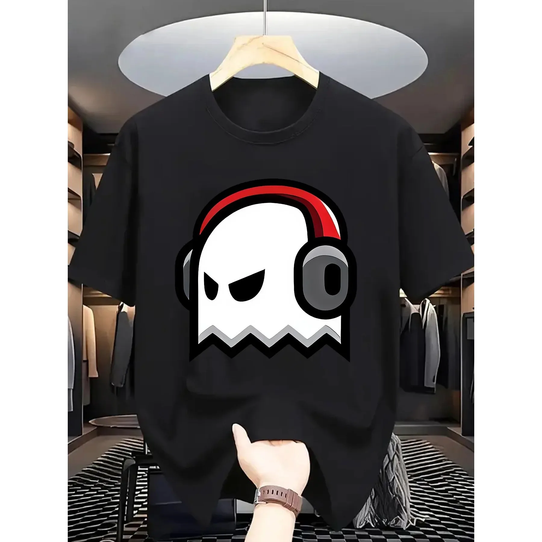 Gaming Ghost Headphone Graphic Men's T-Shirt Breathable Cotton Short Sleeve Crew Neck Tee