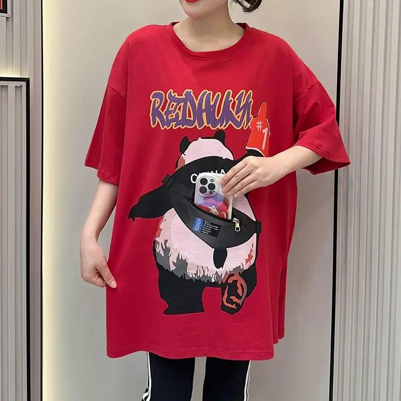 100 Cotton Korean Style Tops Lady Clothing Y2k Tees Summer New Cartoon Bear Panda Zipper Pocket Split Loose T-shirt Women