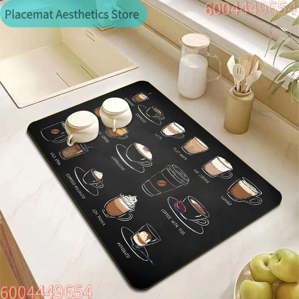 Klassische Kaffeemuster-Geschirrabtropfmatte, rutschfeste, super saugfähige, schmutzabweisende Matte für die Küchenarbeitsplatte, die Kaffeebar zu Hause