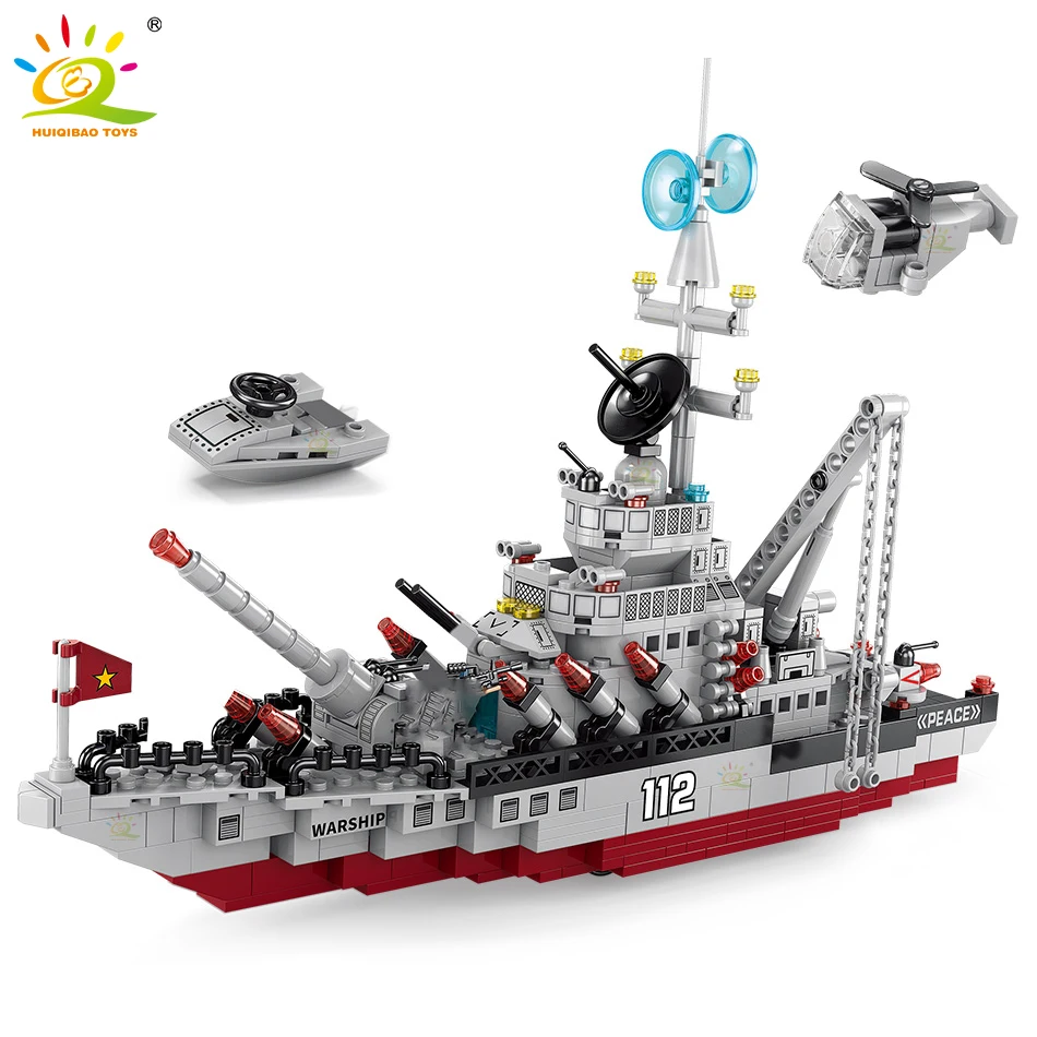 

HUIQIBAO Military 561pcs 8in1 Warship Model Building Blocks Frigate Helicopter Ship Weapon Army Soldier Bricks Toys for Children