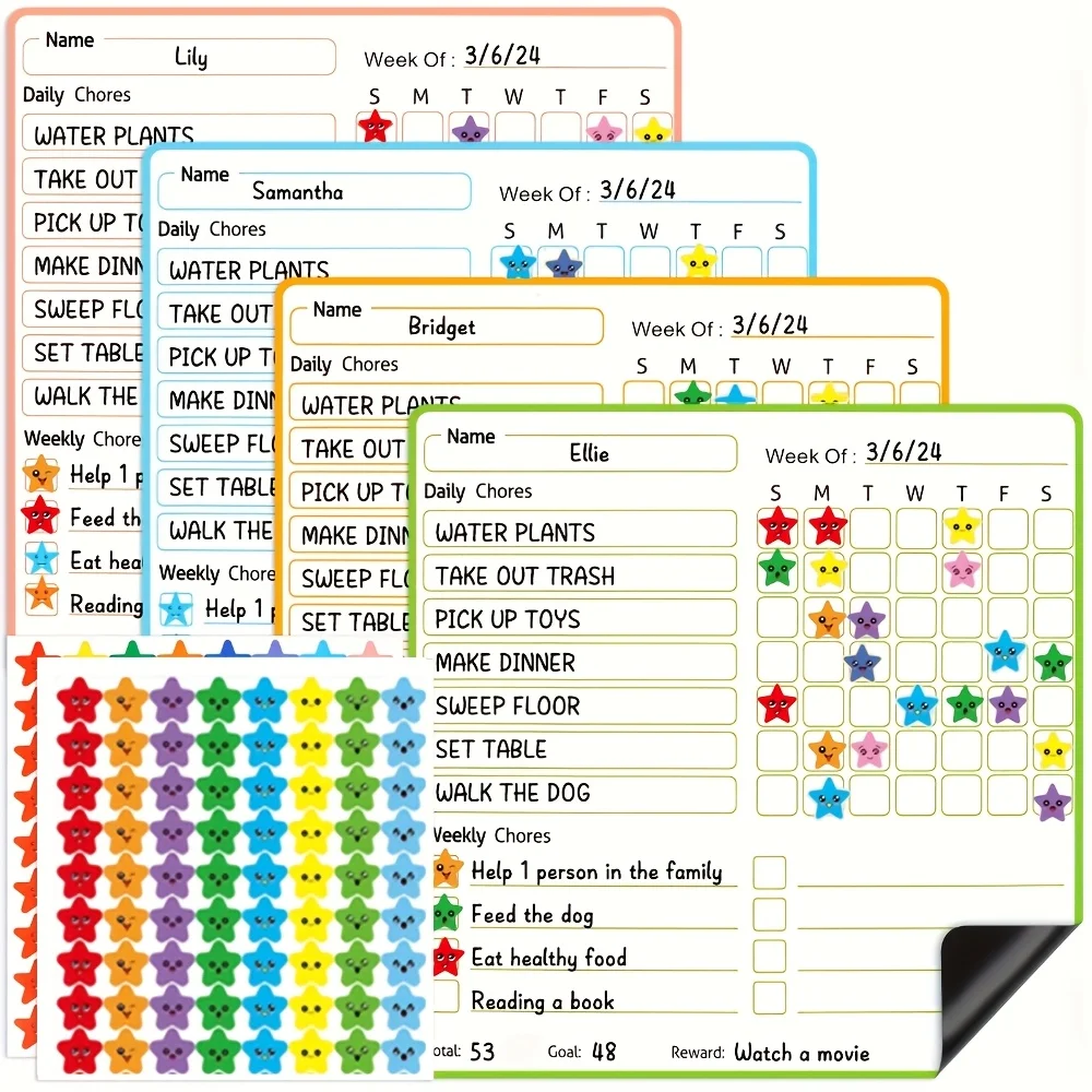 4Pcs Magnetic Erasable Household Watch with 2 Star Stickers, Refrigerator Magnetic Household Tracker