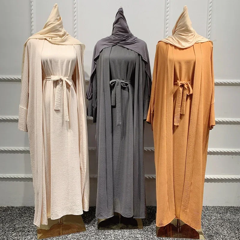 Ramadan muçulmano feminino 2/3 peça conjunto de correspondência aberto abayas dubai vestido hijab quimono vestidos turquia árabe roupas islâmicas kaftan robe