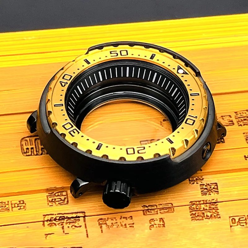 Matte Black-Gold Seiko Tuna Canned Watch Cases fits NH35 NH36 4R Movement Transparent Back Cover Gold Bezel NH35 Tuna Watch Case