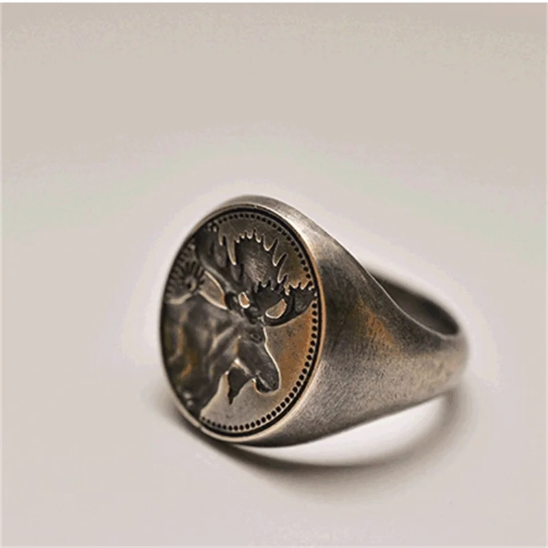 Retro Relief Moose Deer Ring For Men Jewelry Personality Seal Ring Male Index Finger Accessories Gift For Boyfriend