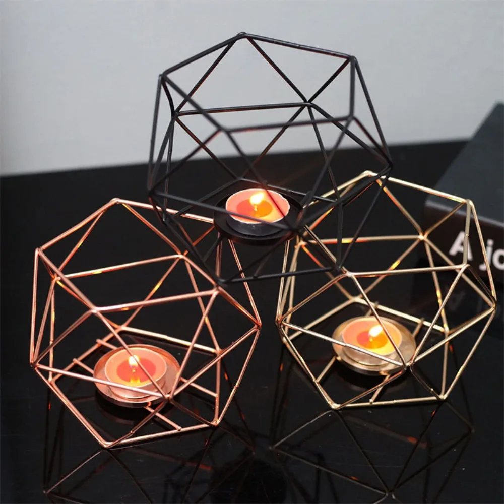 New Metal Polygonal Candle Holder Art Geometric Iron Hollow Candlestick Simplicity Ornaments Desktop Light Holder Christmas