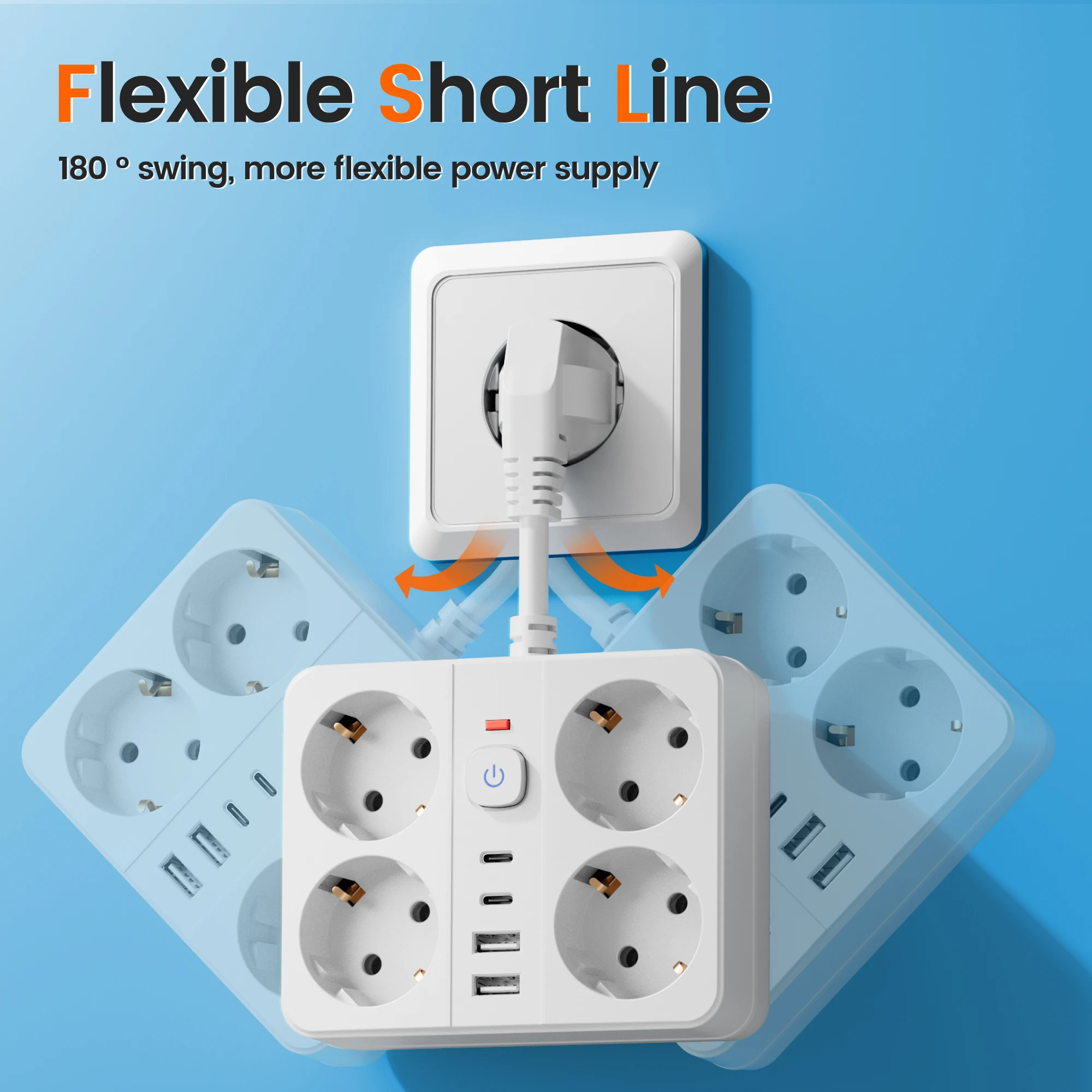 واقي عرام قطاع الطاقة 8 في 1: 4 منافذ تيار متردد ومنافذ USB و2 USB-C لشريط الطاقة الأساسية للمكتب المنزلي مع منافذ USB،