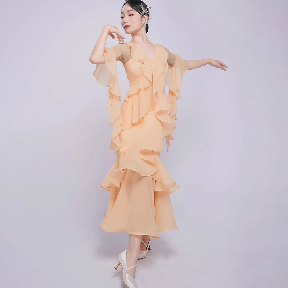 

Flamenco Skirts Ruffled Dance Dresses V-collar Long Dress Fragrant Snow Green Middle Sleeve National Standard Dance Black New
