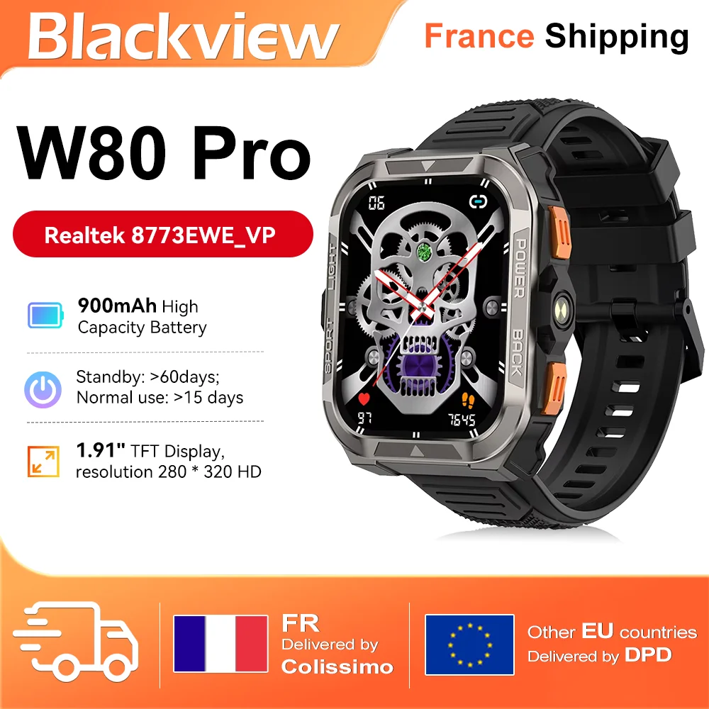 Blackview W80 PRO Montre Connectée Robuste, Écran TFT Haute Définition Basse Consommation de 1,91", GPS, Boussole, Lampe Torche Externe, Appels Bluetooth