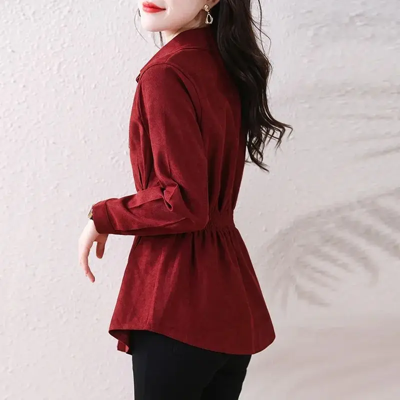 Casual coreano bandagem cintura manga longa camisa moda roupas femininas outono elegante chique polo-pescoço botão blusa de cor sólida