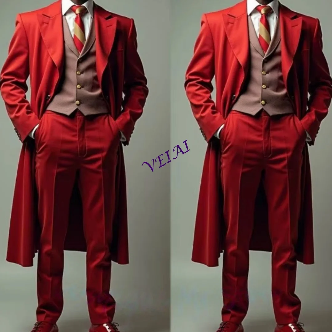 

CustomizedMen's Red 3 Piece Suits Elegant Long Jacket+Vest+Pants Three Pieces Set Formal Sharp Tuxedos for Evening Wedding Parti