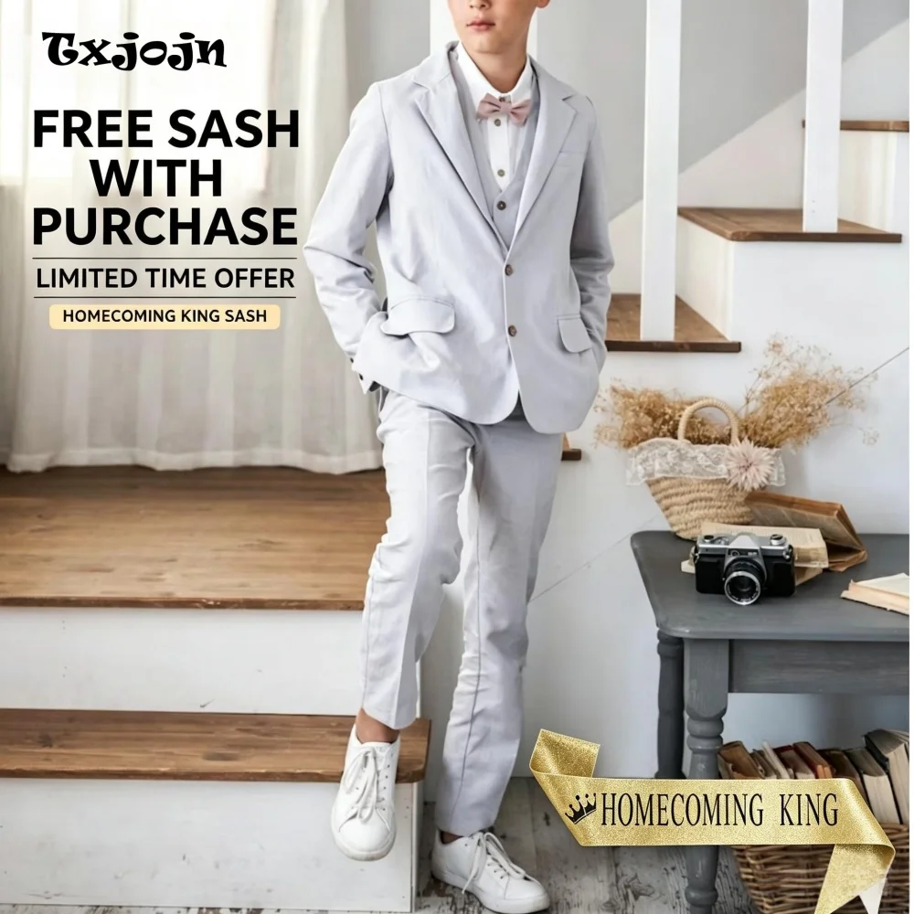 Formal Suit Set for Boys Trend Homecoming Tuxedo Wedding 3 Piece Jacket Pants Vest Kids Blazer Set Slim Fit Tailored Outfit