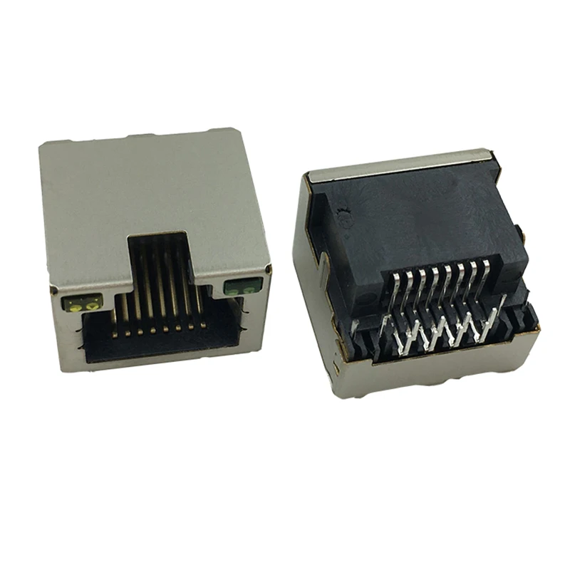 

10PCS RJ45 Connector Female Sink Plate DIP Plug-in 8P8C Horizontal With Shield Yellow Green LED