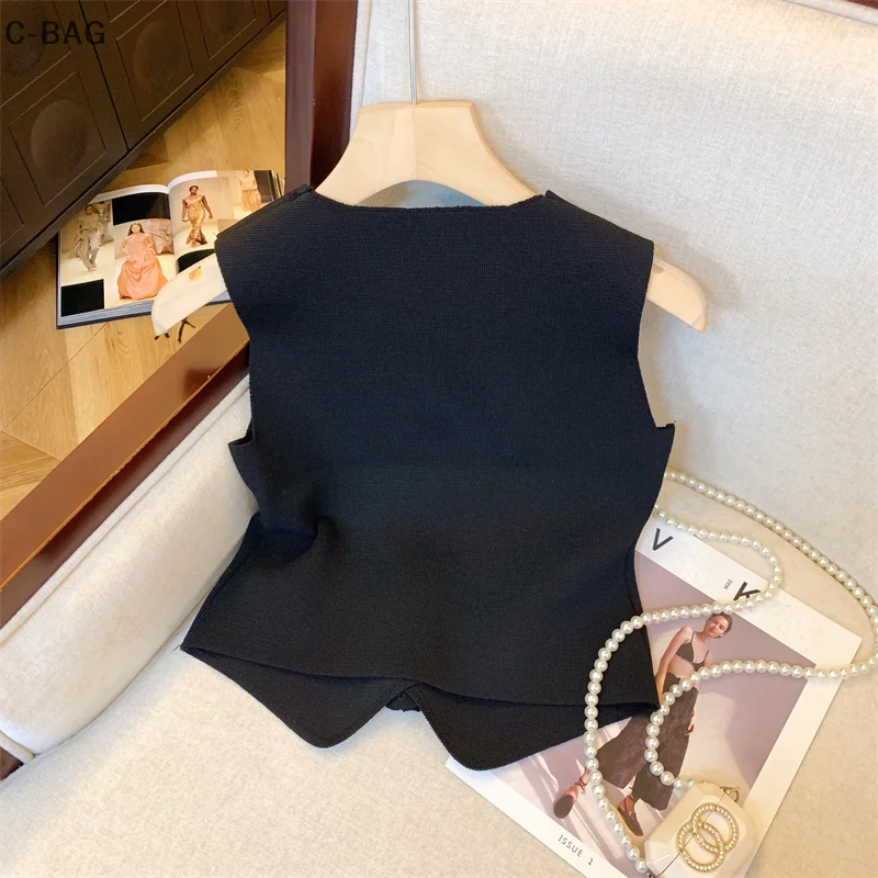 French Retro Three-dimensional Flower V-neck Single Breasted Sleeveless Slim Knitted Vest For Women