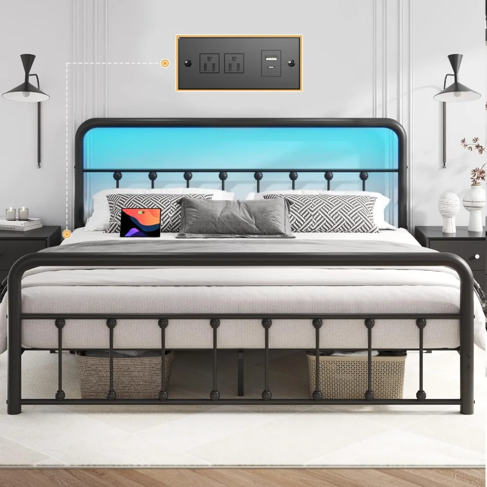 

Queen Bed Frame Classic Metal Platform Bed Frame with Charging Station & LED, Victorian Style Iron-Art Headboard/Footboard, Unde