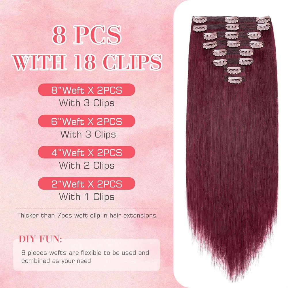 99J بورجوندي مستقيم كليب في شعر مستعار بشري 100% البرازيلي ريمي مشبك شعر الإنسان في 100 جرام 8 قطعة/المجموعة كامل الرأس للنساء