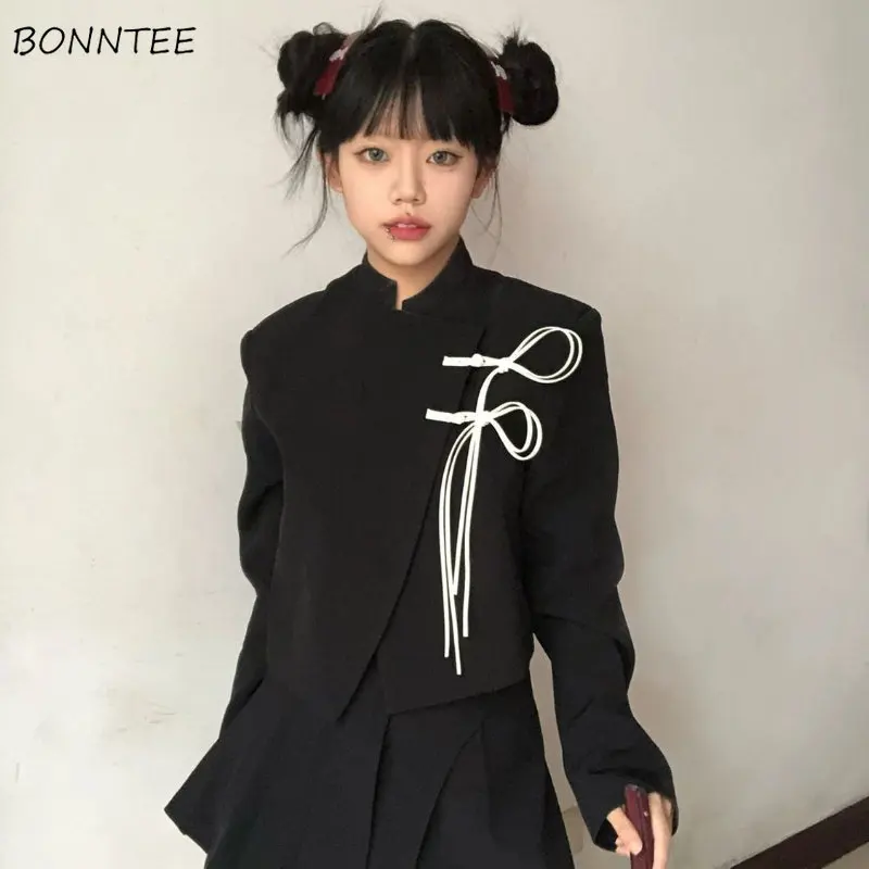 Black Blazers for Women Cropped Stand Collar Retro Chinese Fashion Clothes Girlish Y2k Temper Streetwear Traditional Designer