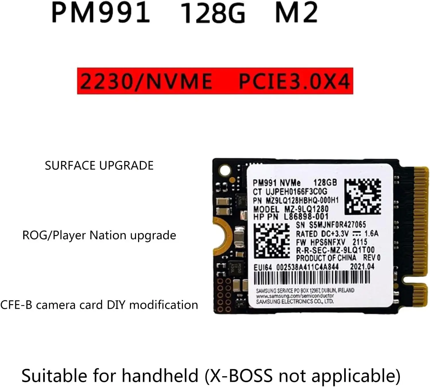 SAMSUNG-2230 SSD, PM991a, PM991, PM9B1M.2, 256, 30mm, NVMe PCIe, Gen3, x4, TLC, BM9C1, 2230 Go