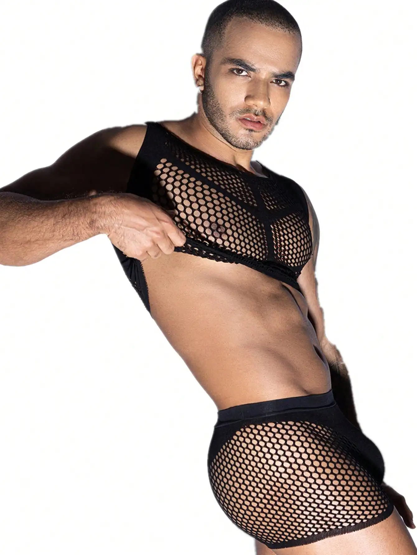 

Men's Sheer Fishnet Mesh Top and Shorts Set for Nightclub or Performance Wear