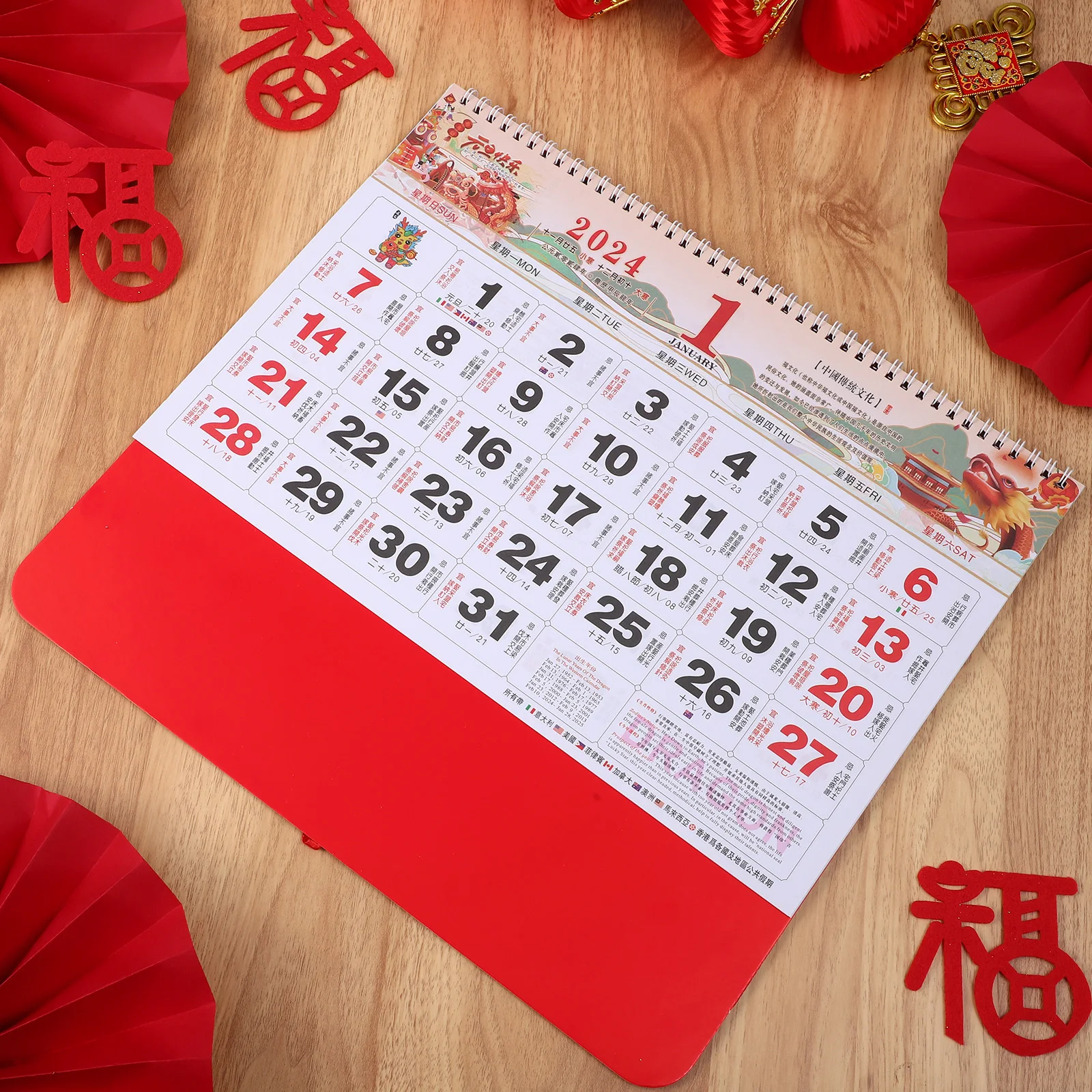 

2 Pcs Gilded Fu Wall Calendar 2024 Dragon Year Blessing Characters Books Red Ribbon Coil Binding Home Office Decor