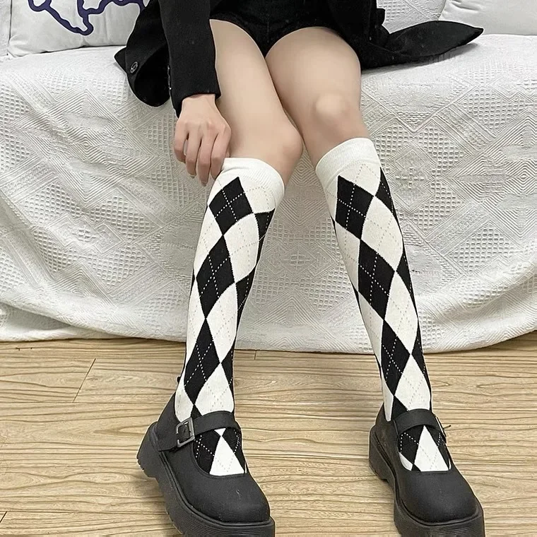 

rhomboid chequered printed long socks women's autumn and winter retro design daily wear stockings breathable high quality socks