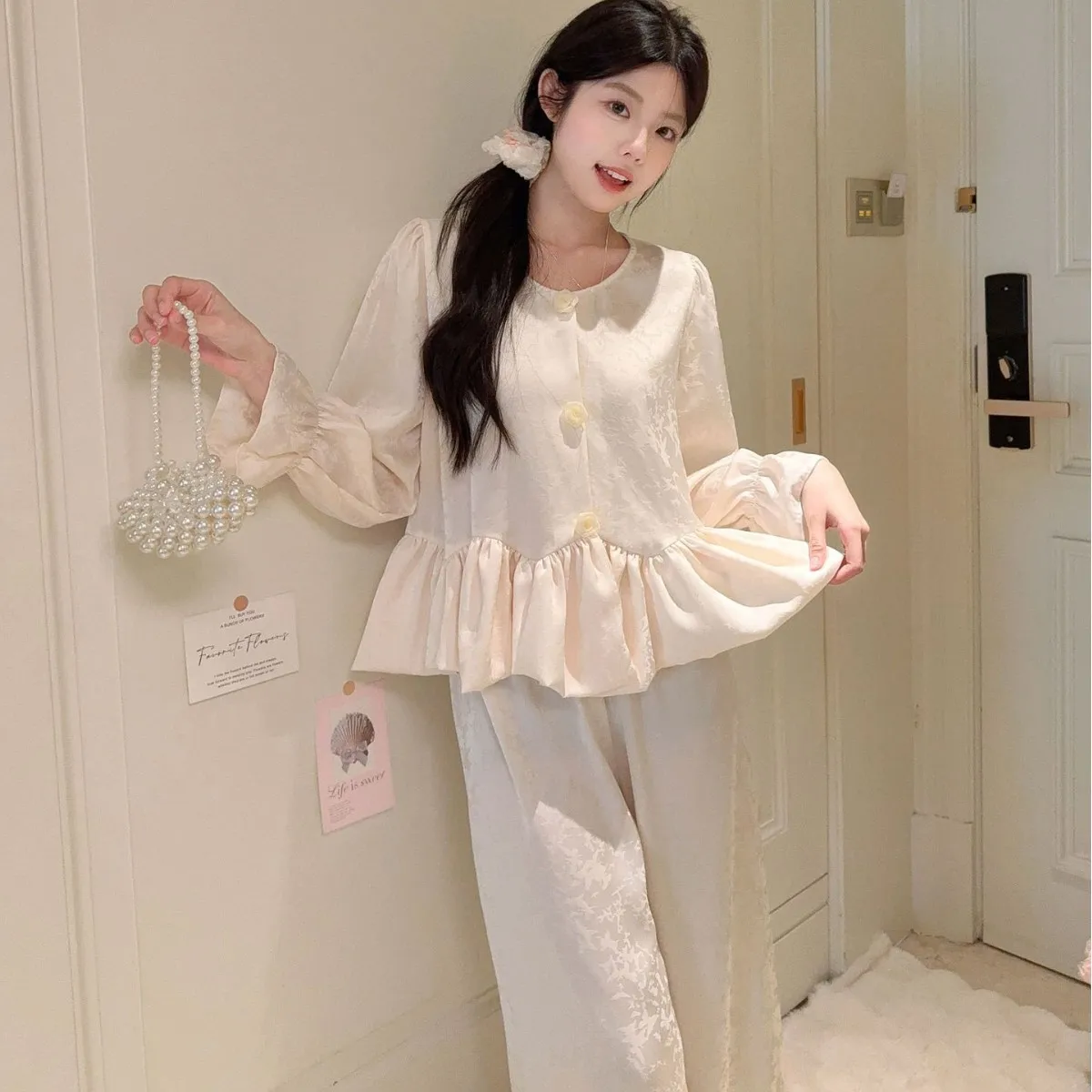 Sexy Jacquard Ruffles Pajamas Set Sleep Set Women's Home Clothes Long Shirt Pants Loungewear Gift Pijamas Suit