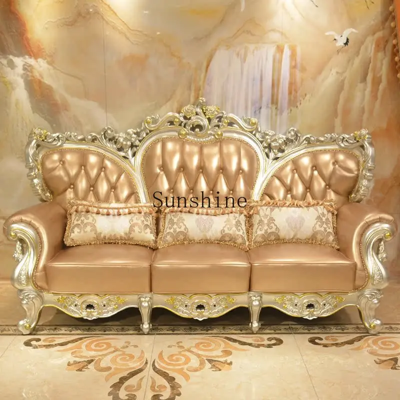 

European leather sofa combination solid wood carving flower living room small apartment champagne gold-painted furniture