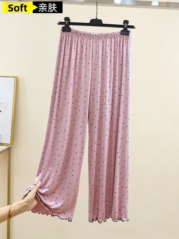Women's Loose Straight Leg Casual Pants Summer Thin  Long Pants Home Wear Comfortable Modal Polka Dot High Waist Trousers