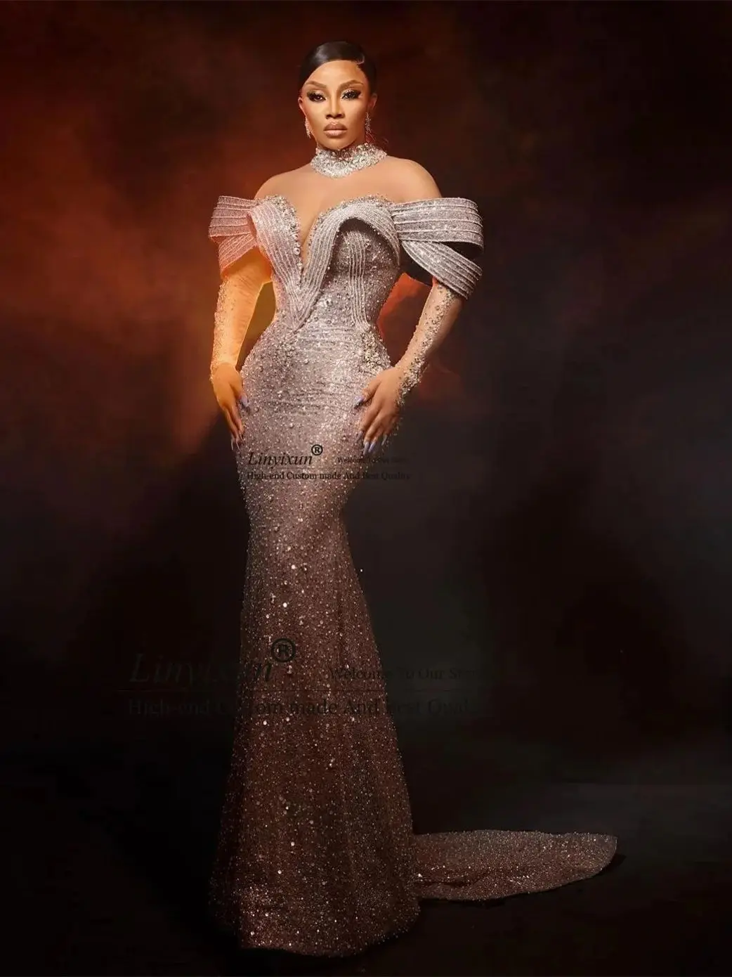 Luxe pailletten kristallen zeemeermin galajurk Afrikaanse Dubai avondjurk Aso Ebi off-shoulder Robe De Soiree aangepast