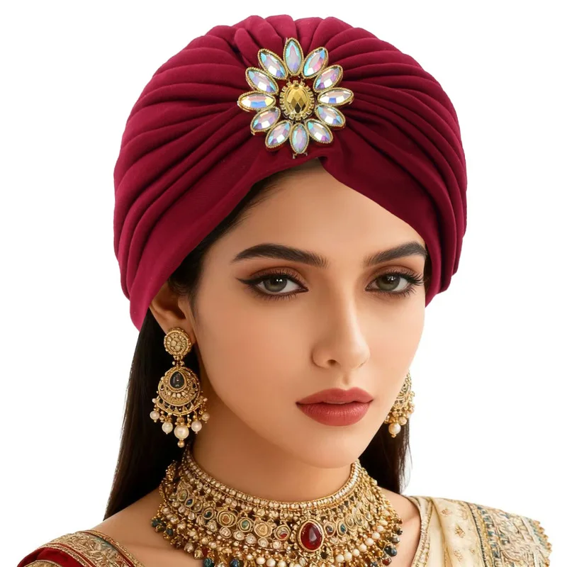 2026 New European American Women's Fashion Basic Base Indian Hat Forehead Rhinestone Decorated Headscarf Hats for Chemotherap