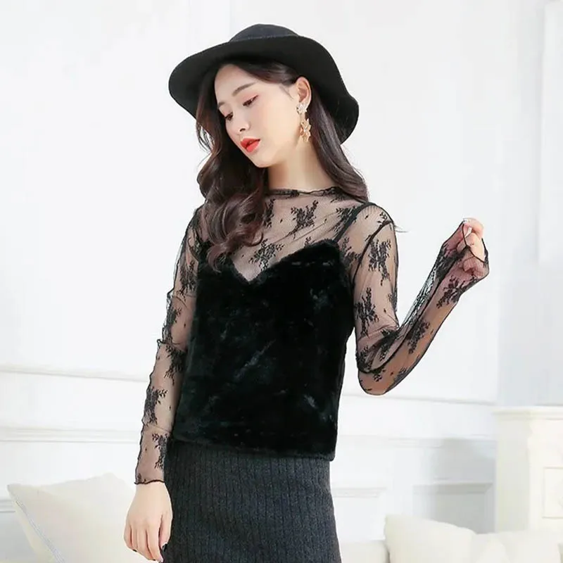 Nice Four Seasons Vests Versatile Lace Mesh Perspective Underlay Shirt Half High Collar Korean Edition Hollow Fairy Long Sleeve