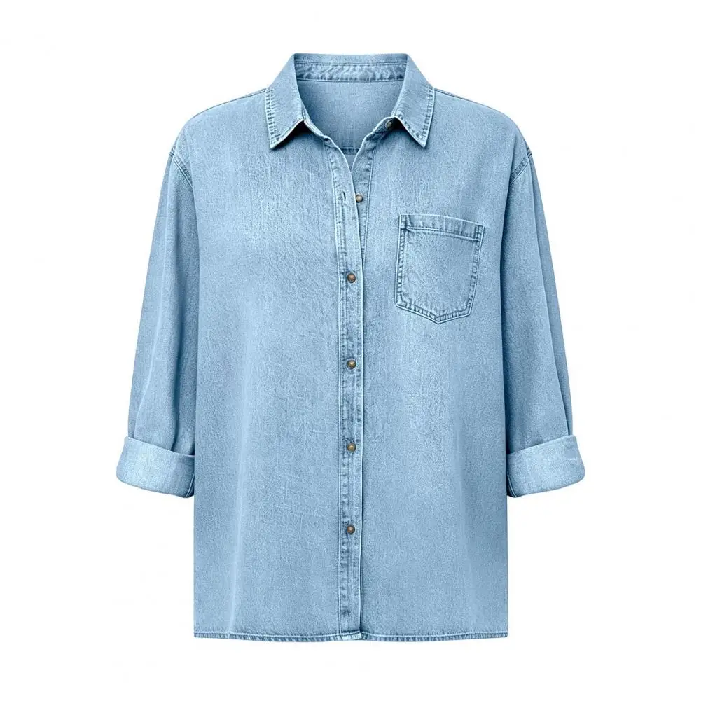 Denim Blouse Women Denim Shirt Jacket Lapel Long Sleeve Coat Button-down Loose Fit Tops Solid Color Autumn Outerwear for Women