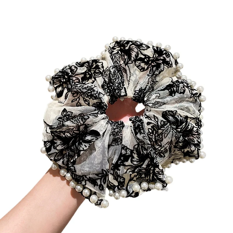 

Mercerized pearl edge large intestine hair band pleated skirt headband high-end hair rope ball head ponytail rubber band