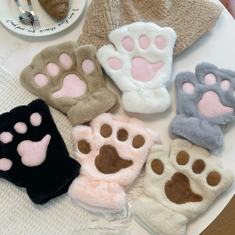2025 плюшевые перчатки с кошачьей лапой, варежки без пальцев, теплые, мягкие, пушистые перчатки с половиной пальца, аксессуары для костюмов с кошачьими когтями