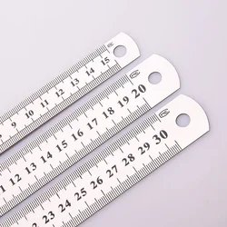 Double Side Scale Stainless Steel Straight Ruler, Ferramenta de Medição para Estudantes, Papelaria Escolar, Régua de Costura, 15cm, 20cm, 30cm