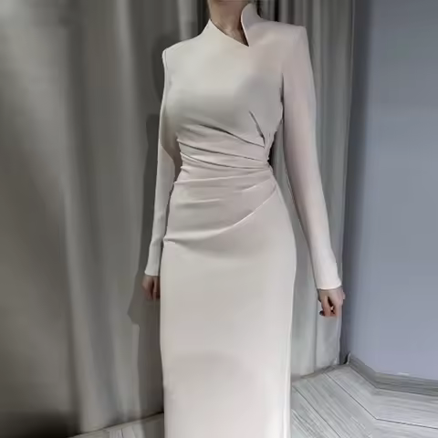 Aleeshuo Muslim Dubai Satin Evening Dresses Long Sleeves Mermaid Prom Dress Pleat High Neck Dress فستان حفلات الزفاف Customized