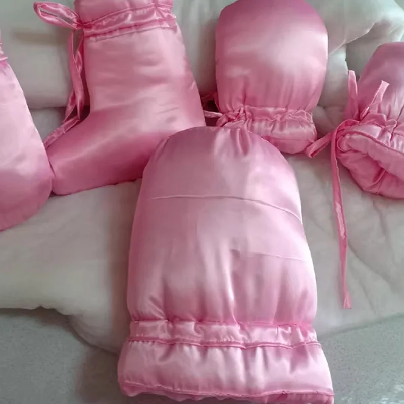 Pink Satin Filled Cotton Adult Gloves Foot Covers Headgear ABDL Fluffy Silky Socks Lace Up Wrap Mittens DDLG Soft Booties Set