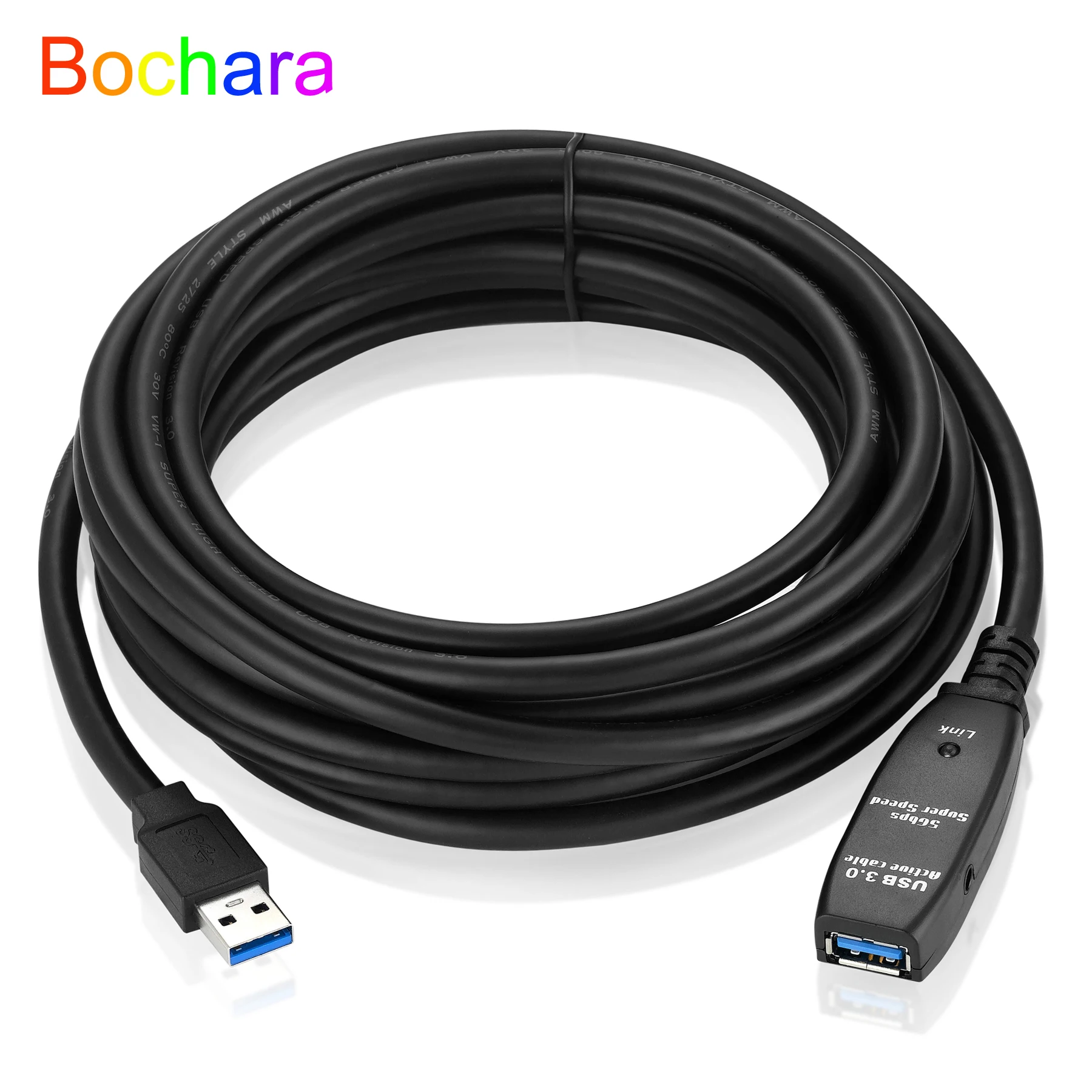 Bochara Active Repeater USB 3.0 Extension Cable Male to Female OD7mm Built-in IC Chip Foil+Braided Shielded 5M 10M 15M 20M 30M