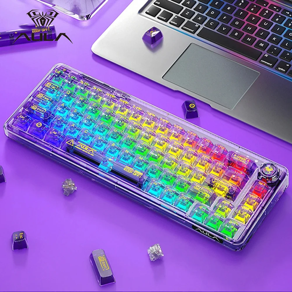 AULA Mechanical Keyboard F68 2.4GWireless/Bluetooth/Wired Transparent Keycaps For Colored Lights Work Gaming Mechanical Keyboard