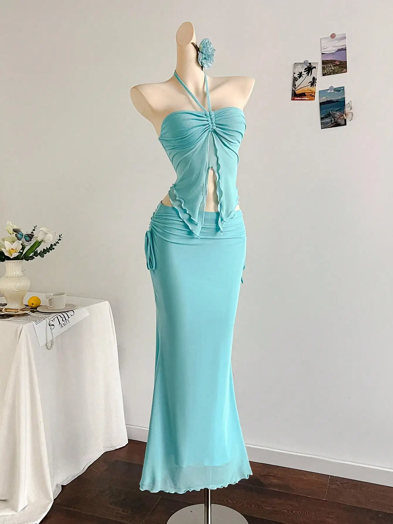 

Aqua Blue Halter Neck Two-Piece Set with Ruched Bodice and Side Cutouts