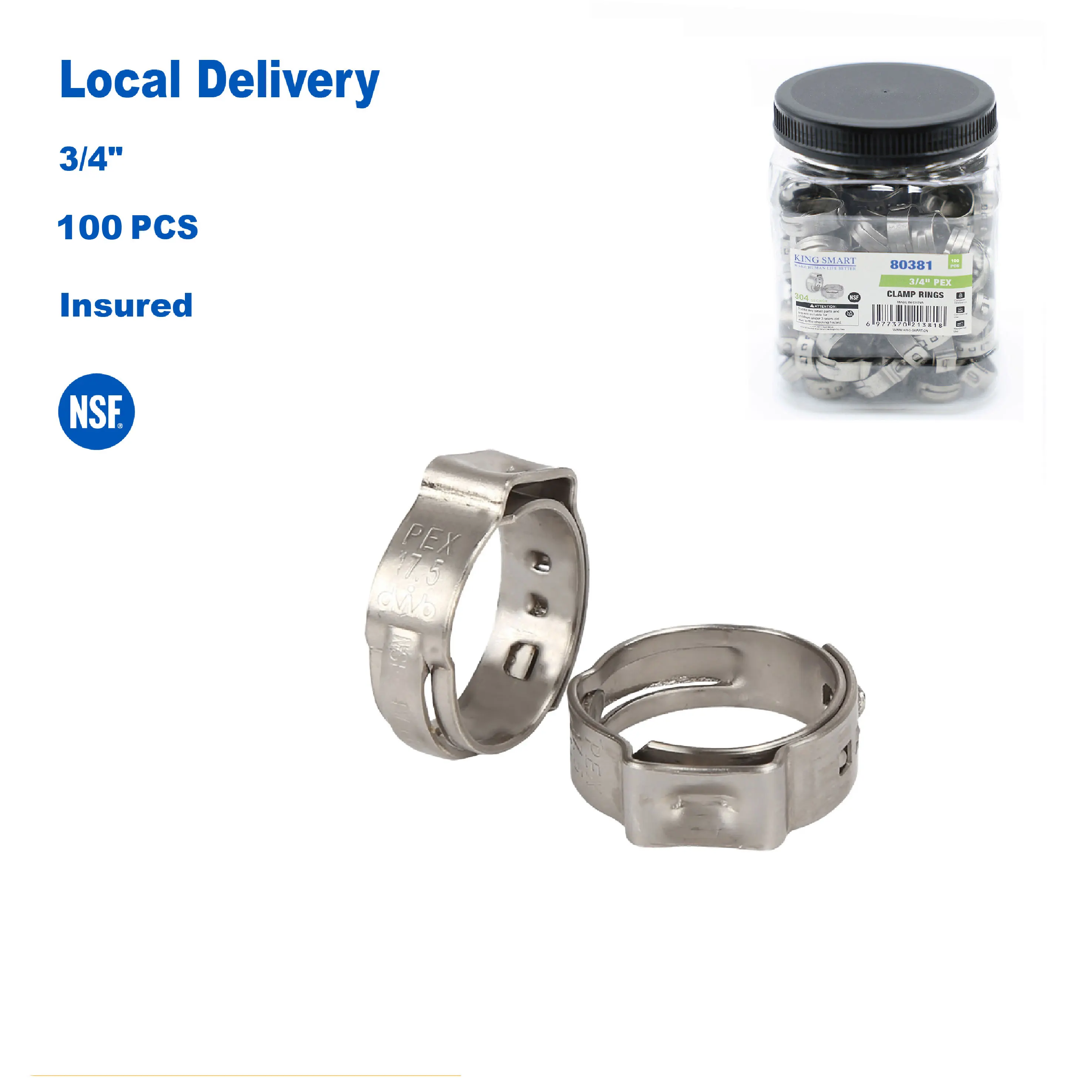 

KING SMART 3/4" PEX Stainless Steel Clamp Rings; Suitable for PEX B/C Pipe, PERT Pipe; 100Pcs/Case 50Pcs/Case; 80381