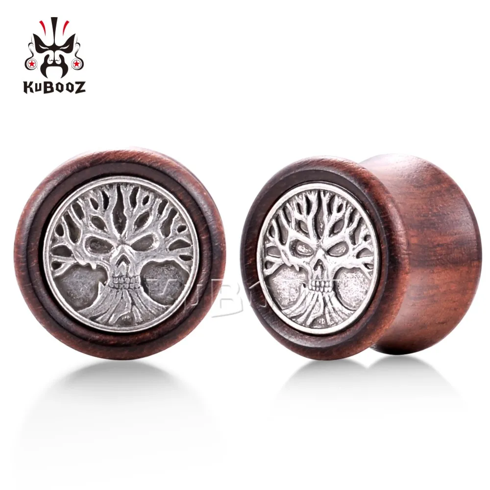 KUBOOZ Latest Skull Life Tree Wood Ear Tunnels Expanders Fashion Body Piercing Jewelry Earring Plugs Gauges Stretchers 2PCS