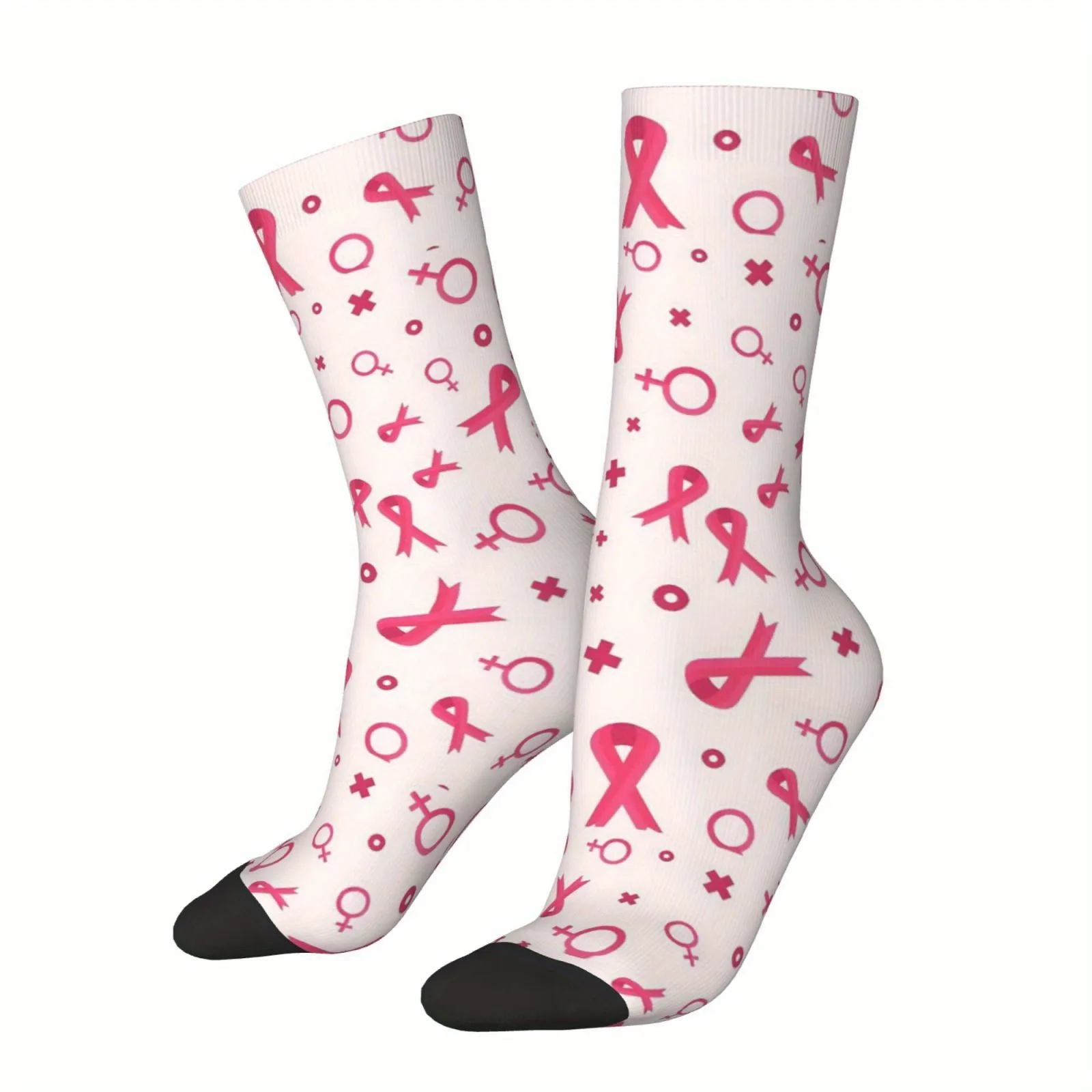 Breast Cancer Awareness Printed Mid-Crew Socks Pink Ribbon Female Symbol Design for Men Women