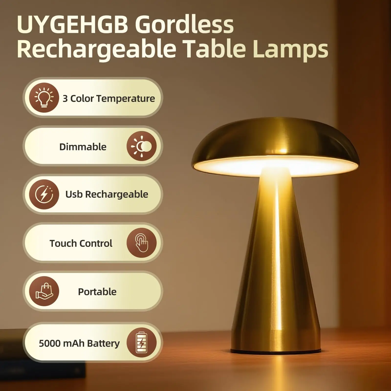 Retro Mushroom LED Table Lamp Touch Sensor Rechargeable Bedside Reading Light