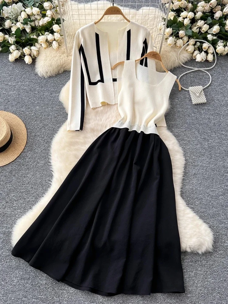 Autumn Winter Elegant Contrast Knitt 2 Piece Set Women Colorblock Cardigan Sweater+Sleeveless Vest Knit Dress Gentle Chic Suits