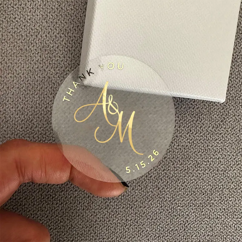 Gold Stickers for Wedding Invitations, Envelopes or Party Favors, Lettered Transparent Labels, Custom Round Stickers