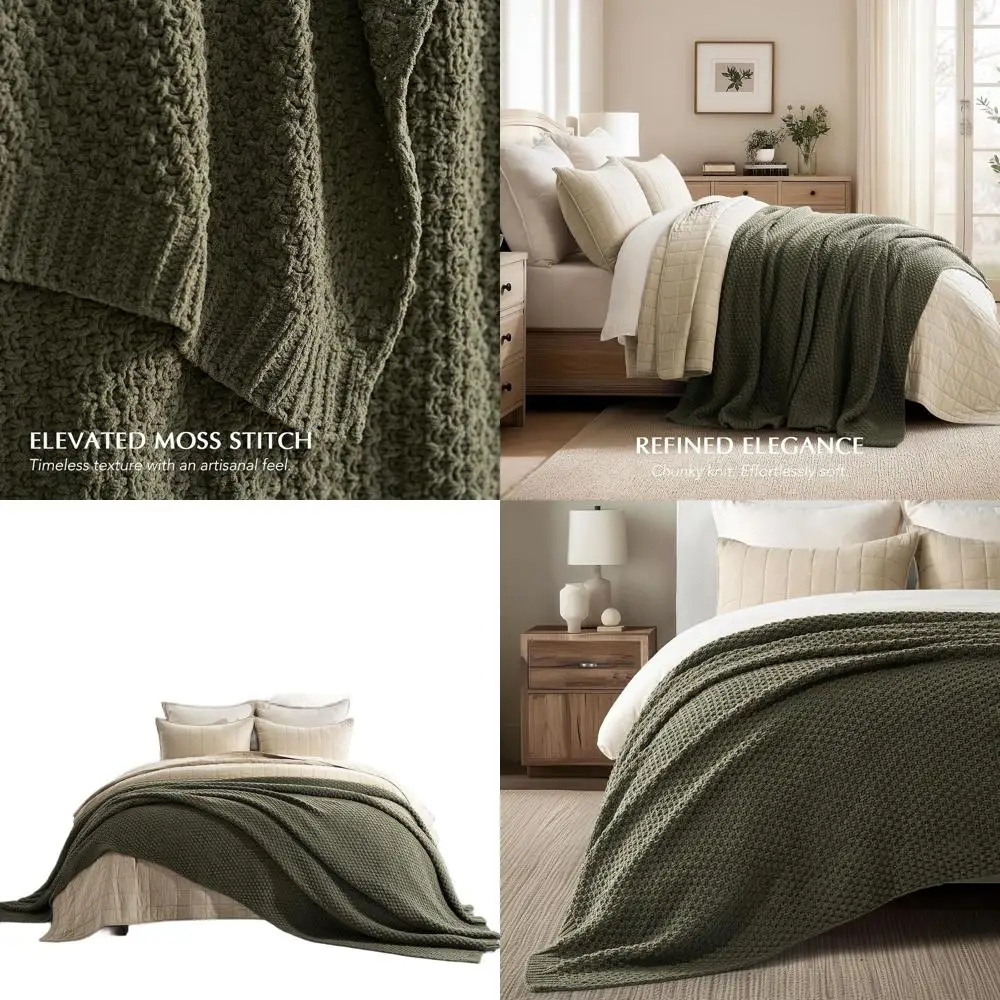 

Luxurious Oversized Olive Green Chenille Throw Blanket, 90 x 90, Soft Queen Size Couch Cover for Sofa and Bed